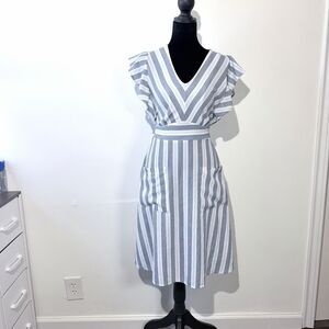 MONTEAU Striped Ruffle Sleeve V-Neck Belted Waist Pullover Dress Blue White S